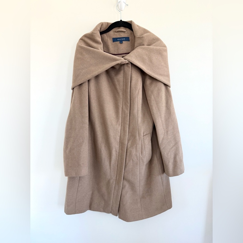Cole Haan Wool Blend Zip Coat in Camel Color Asymmetrical Hooded Winter Jacket